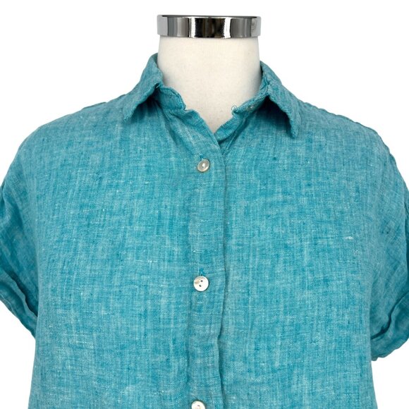 Tahari Turquoise 100% Linen Button-Up Short-Sleeve Shirt Blue Size Small - Picture 2 of 9